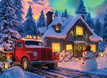 Vintage Red Truck and Snowman with snow covered cozy house jigsaw puzzle | MkeYourPuzzles